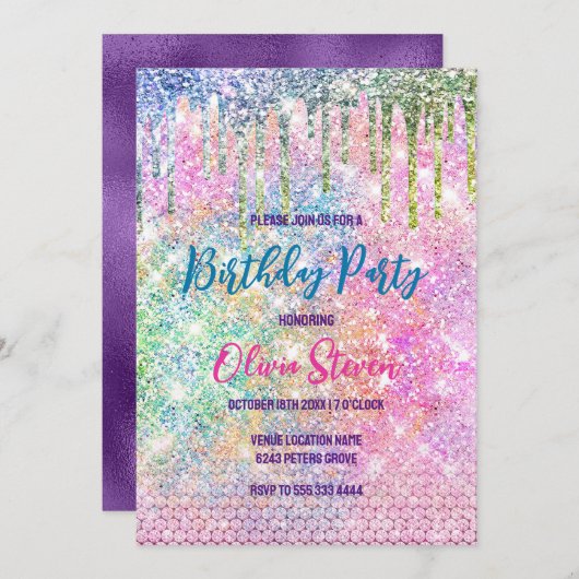 Cute roze iridescent unicorn faux glitter monogram kaart (Voorkant / Achterkant)