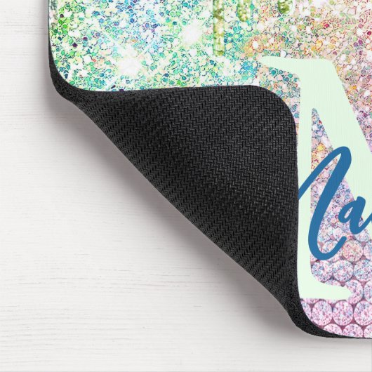 Cute roze iridescent unicorn faux glitter monogram muismat (Hoek)