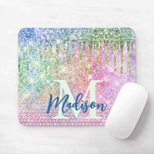 Cute roze iridescent unicorn faux glitter monogram muismat (Met muis)