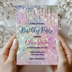 Cute roze iriserende eenhoorn nep glitters monogra kaart