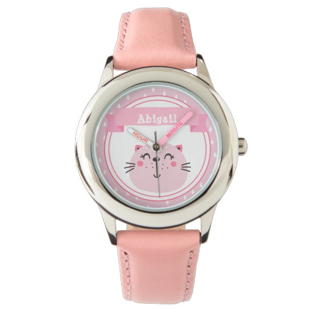 Cute roze kat - Gepersonaliseerde Kinderen Horloge (Voorkant)