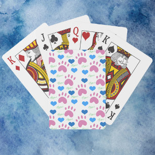 Cute Roze Kat Pootafdrukken Blauwe Hartjes Meow Pokerkaarten