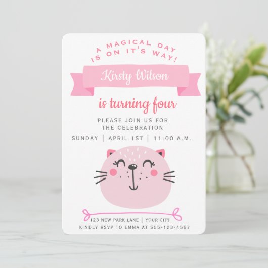 Cute roze kat & roze stripes - Kinderen van zaterd Kaart (Staand voorkant)