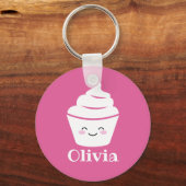 Cute roze kawaii cupcake sleutelhanger met kinder (Voorkant)
