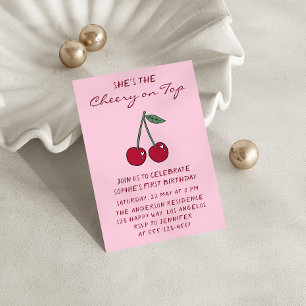 Cute Roze Kers op de Eerste Verjaardag Kaart