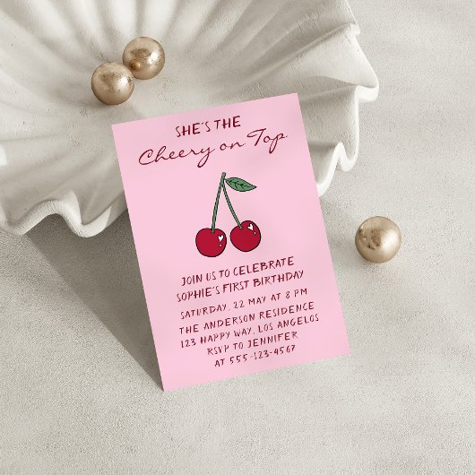 Cute Roze Kers op de Eerste Verjaardag Kaart