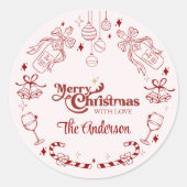 Cute roze kerst doodle aangepaste familienaam ronde sticker (Voorkant)