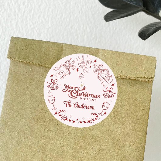 Cute roze kerst doodle aangepaste familienaam ronde sticker