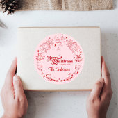 Cute roze kerst doodle aangepaste familienaam ronde sticker
