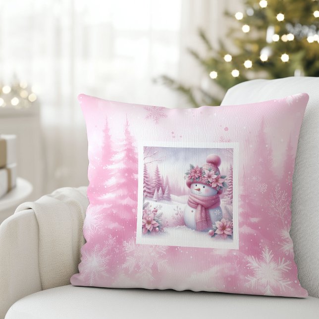 Cute Roze Kerst Scene Sneeuwman Kussen Cadeau (Cute Pinkmas Christmas Scene Snowman Pillow Gift)