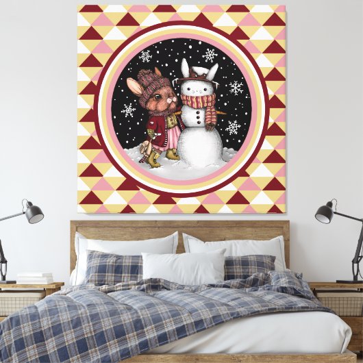 Cute Roze Kerst Sneeuw Konijn Illustratie Canvas Afdruk (Insitu (Slaapkamer))