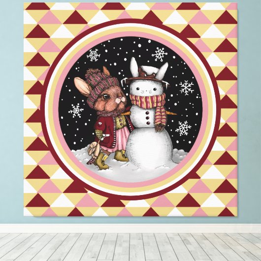 Cute Roze Kerst Sneeuw Konijn Illustratie Canvas Afdruk (Insitu (Houten vloer))