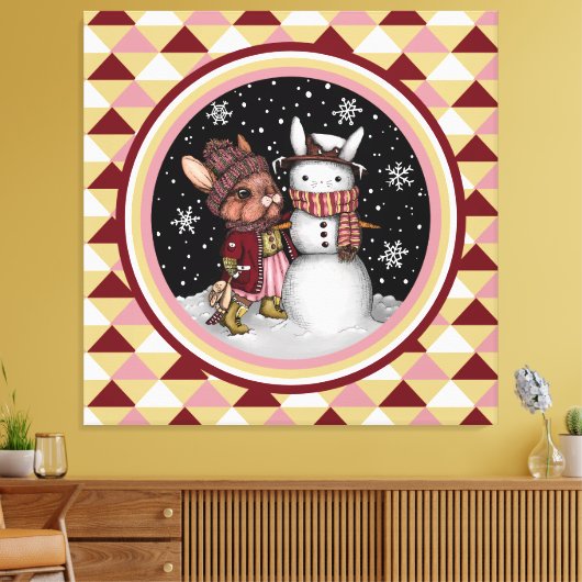 Cute Roze Kerst Sneeuw Konijn Illustratie Canvas Afdruk (Insitu (Woonkamer))