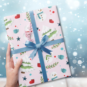 Cute Roze Kerst Sneeuwman Patroon Cadeaupapier