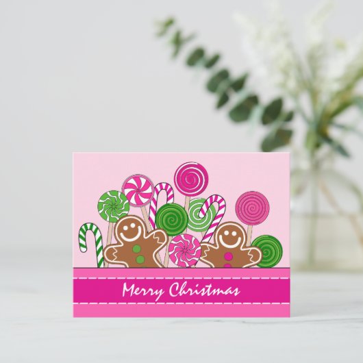Cute roze kerstdrenbreads feestdagenkaart (Staand voorkant)