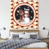 Cute Roze Kerstsneeuw Konijn Illustratie Canvas Afdruk (Insitu (Slaapkamer))
