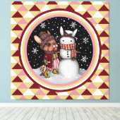 Cute Roze Kerstsneeuw Konijn Illustratie Canvas Afdruk (Insitu (Houten vloer))