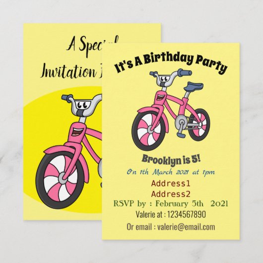 Cute roze kinder fietsenafbeelding cartoon kaart (Voorkant / Achterkant)