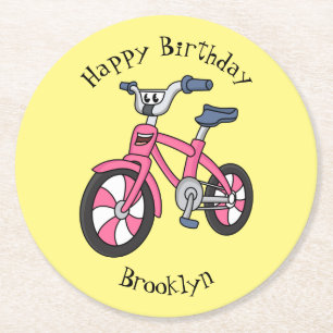 Cute roze kinder fietsenafbeelding cartoon ronde kartonnen onderzetter