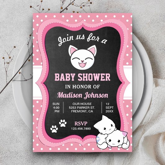 Cute Roze Kitten Baby Shower Kaart