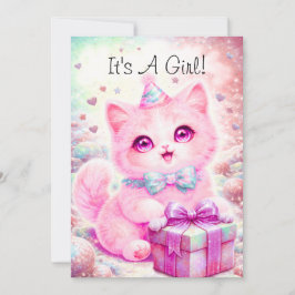 Cute Roze Kitten Het Is Een Meisje Kaart Baby