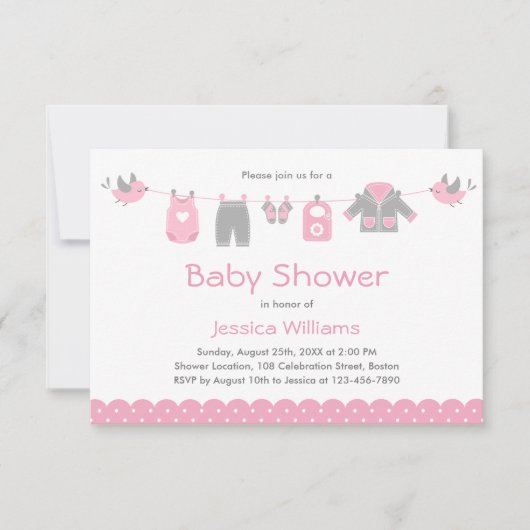 Cute roze kleren | Uitnodiging tot Baby shower van (Voorkant)