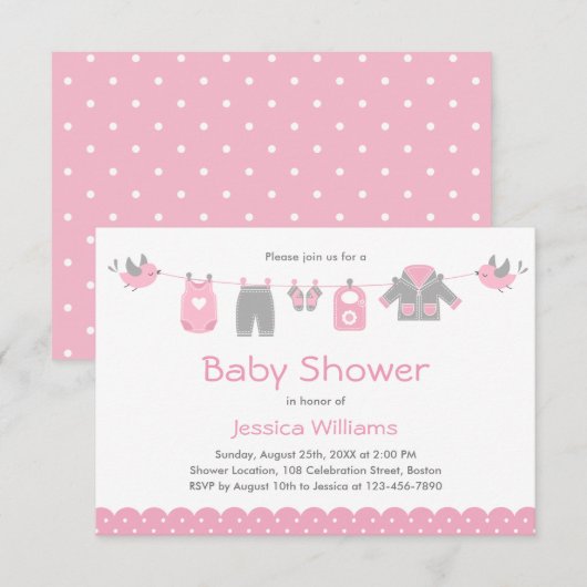 Cute roze kleren | Uitnodiging tot Baby shower van (Voorkant / Achterkant)