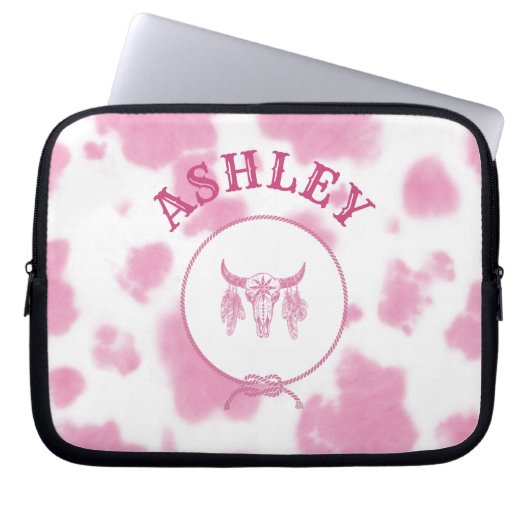 Cute roze Koe Afdrukken Westerne Rodeo Aangepast Laptop Sleeve (Voorkant)