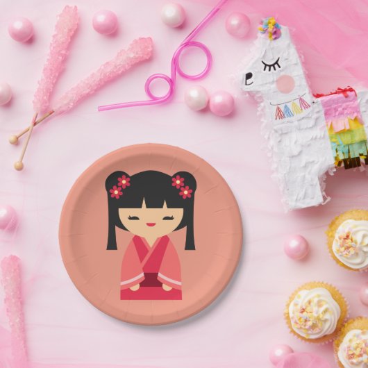 Cute roze Kokeshi Japanse poppen Papieren Bordje (Feest)