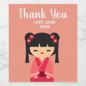 Cute roze Kokeshi Japanse poppen Wijn Etiket (Enkel label)