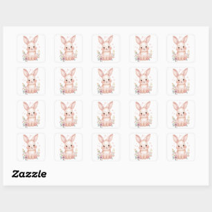 Cute Roze Konijn Feest Thema Pastel Bloemen Vierkante Sticker
