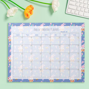 Cute Roze Konijn Patroon Blauwe Maandelijkse Plann Notitieblok
