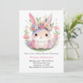 Cute Roze Konijn Wildflower Meisje Baby Shower Kaart (Staand voorkant)