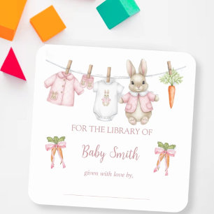 Cute Roze Konijnenmeisje Waslijn Boekplaat Vierkante Sticker