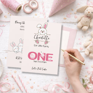 Cute Roze Konijntje Meisje Eerste Verjaardag Kaart
