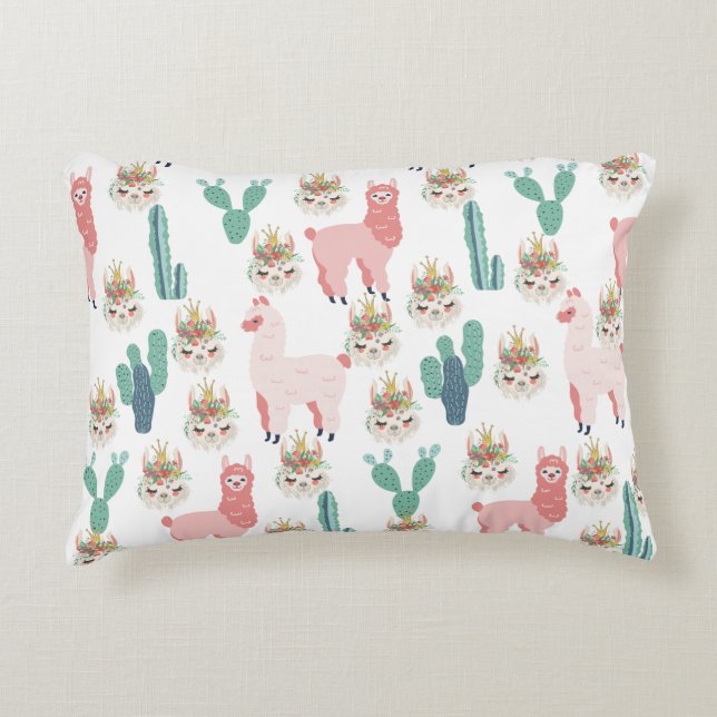 Cute Roze Lama's en Groene Cactus Accent Kussen (Voorkant)
