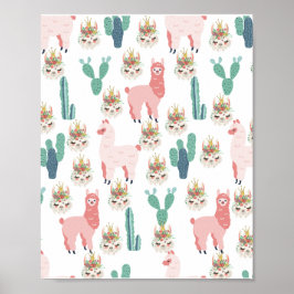 Cute Roze Lama's en Groene Cactus Poster
