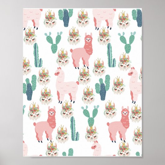 Cute Roze Lama's en Groene Cactus Poster (Voorkant)