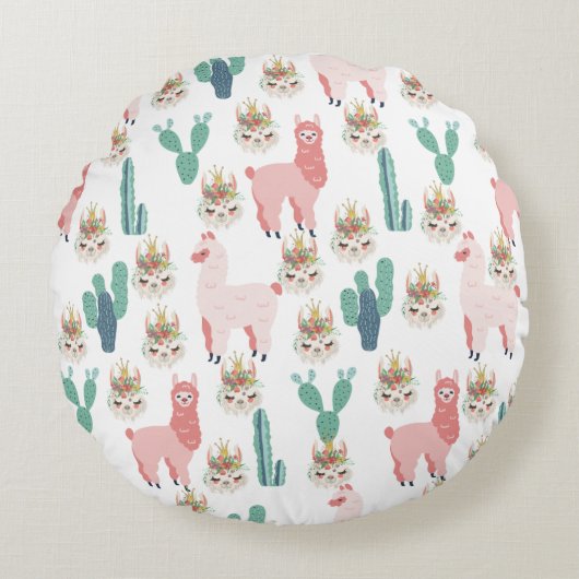 Cute Roze Lama's en Groene Cactus Rond Kussen (Voorkant)