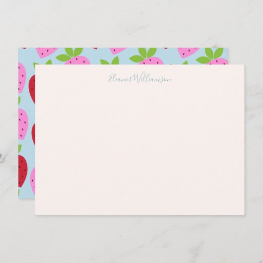 Cute roze Light Blue Strawberry Fruit Custom Name Notitiekaartje (Voorkant / Achterkant)