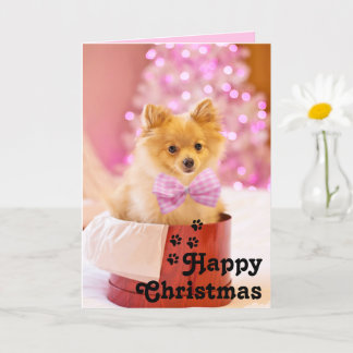 Cute Roze Lint Hondje & Gelukkig Kerstmis Unieke K Kaart
