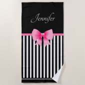 Cute roze lint zwart-wit gestreept strandlaken (Voorkant)