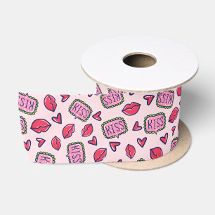 Cute Roze Lippen Kusjes & Hartjes Doodle Patroon Satijnen Lint