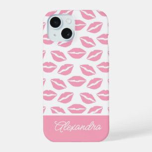 Cute Roze Lippenstift Kusjes Script Naam iPhone 15 Case