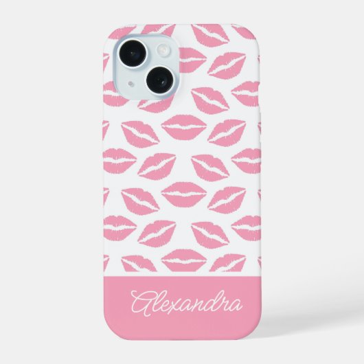 Cute Roze Lippenstift Kusjes Script Naam iPhone 15 Case (Achterkant)