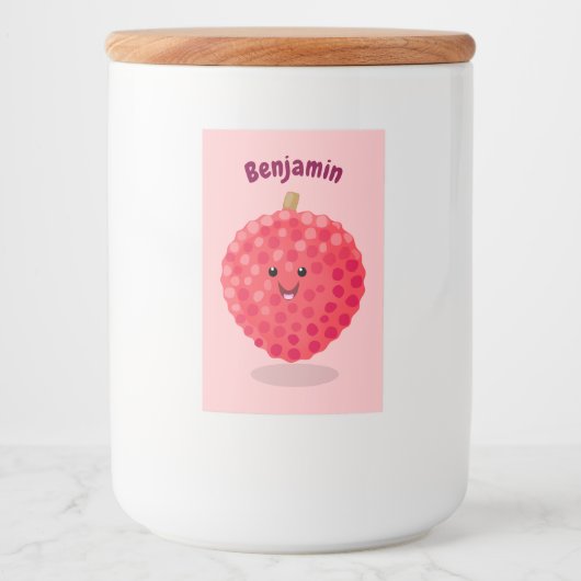 Cute roze lychee cartoon illustratie voedselcontainer etiket (Voorkant)