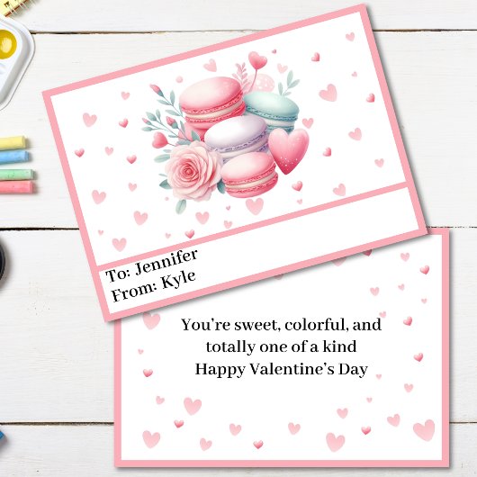 Cute Roze Macarons en Hartjes School Valentijnskaa Feestdagenkaart