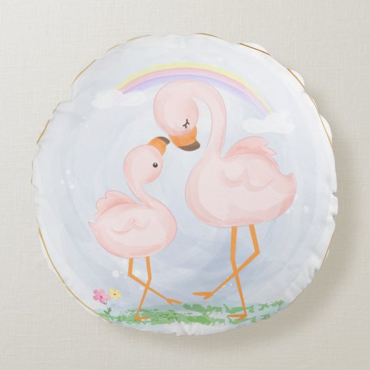 CUTE ROZE MAMA EN BABY FLAMINGO'S ROND KUSSEN (Voorkant)