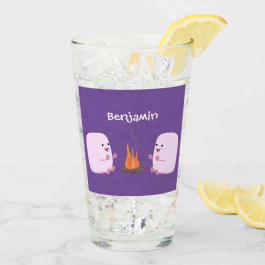 Cute roze marshmallows bij kampvuur cartoon glas (Achterkant ijs)