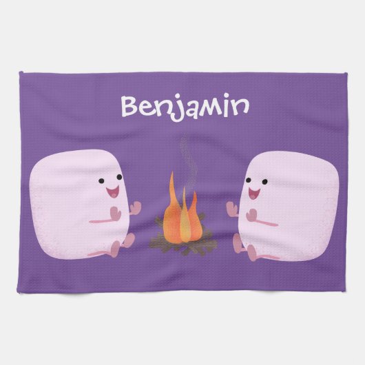 Cute roze marshmallows bij kampvuur cartoon theedoek (Horizontaal)
